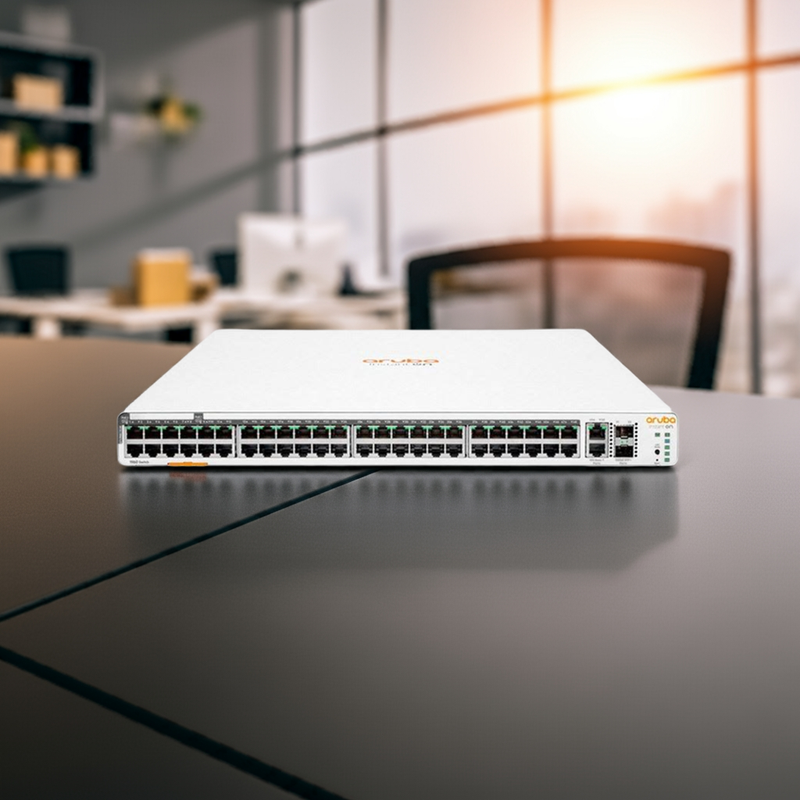 Close-up dos 4 slots SFP+ para fibra de 10G