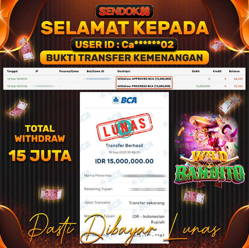 SENDOK88 JEPE! WILD BANDITO Rp 15.000.000,- LUNAS!