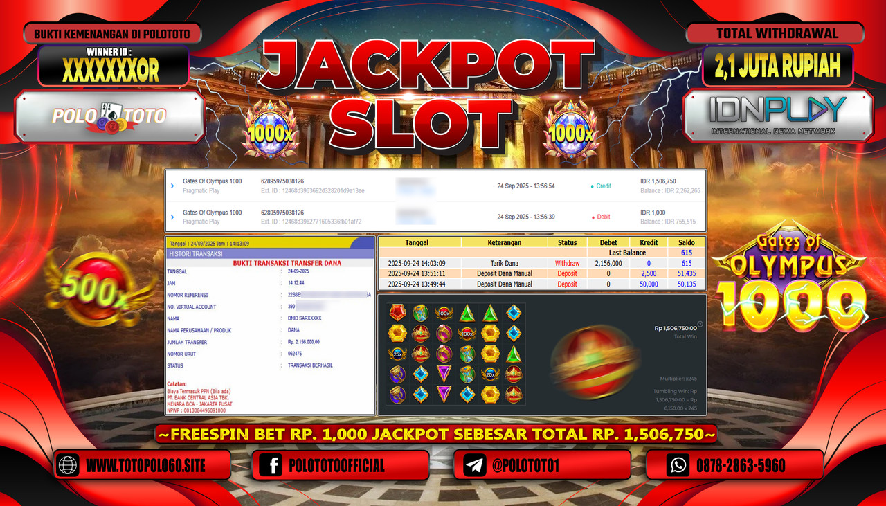 POLOTOTO JACKPOT SLOT GATES OF OLYMPUS 1000 Rp.2.156.000,- LUNAS