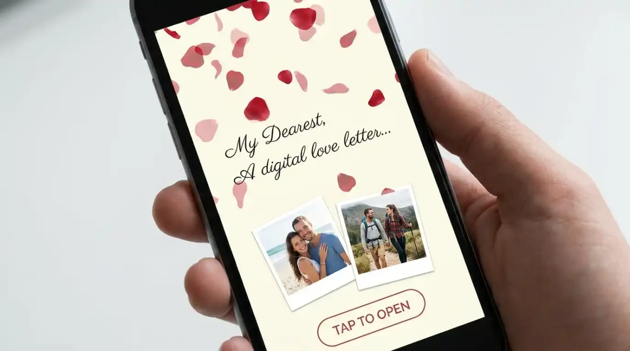 Pantalla de un teléfono celular mostrando una carta de amor interactiva con pétalos de rosa animados flotando de fondo y fotos de una pareja feliz