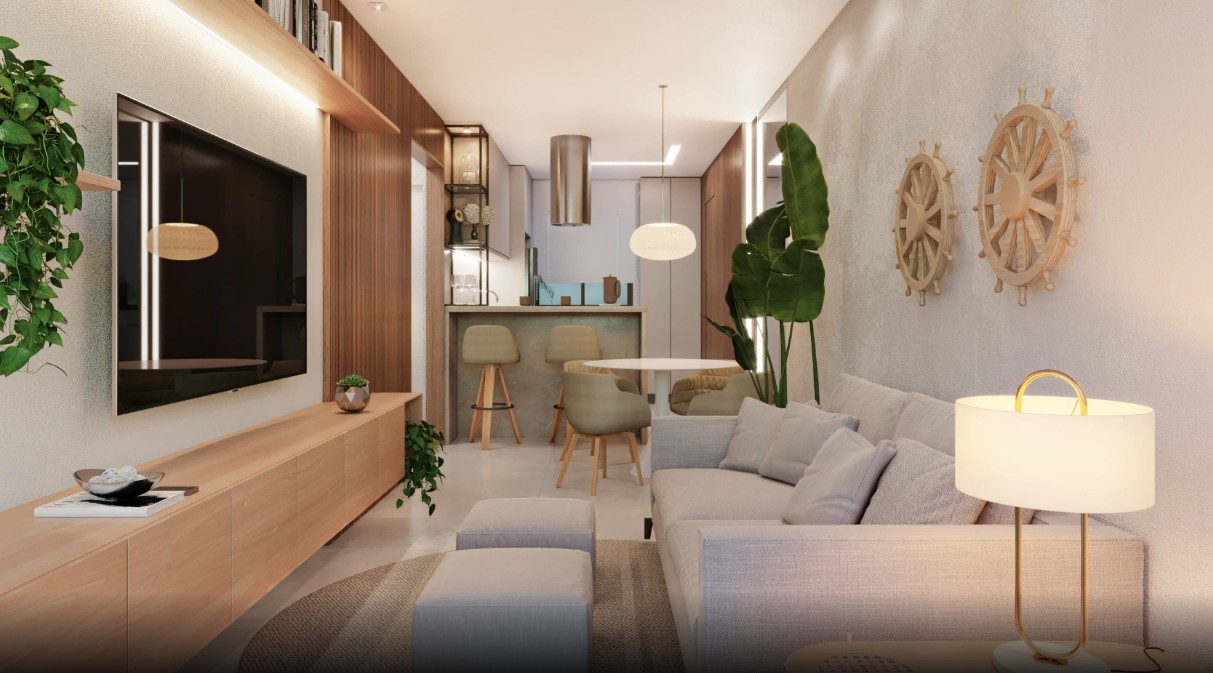 Ambiente interno decorado, quarto aconchegante com vista para o mar