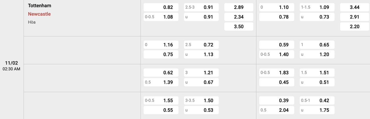 Tỷ lệ kèo Tottenham vs Newcastle