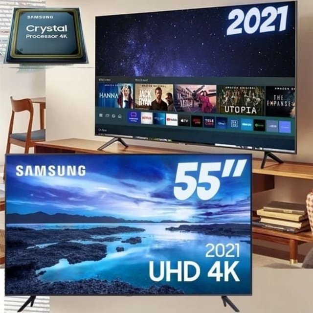 Samsung Smart Tv 55″ Uhd 4k 55au7700, Processador Crystal 4k, Tela Sem Limites, Visual Livre De Cabos, Alexa Built In.