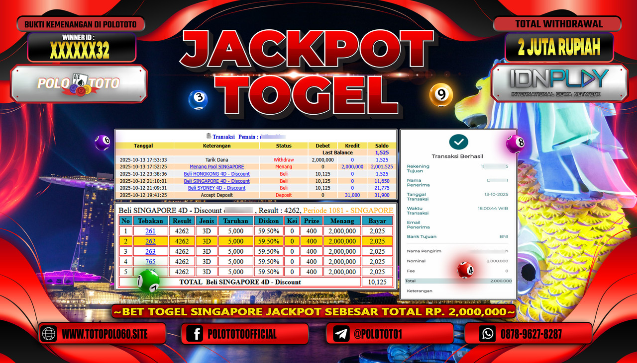 POLOTOTO JACKPOT TOGEL POOL SINGAPORE Rp.2.000.000,- LUNAS