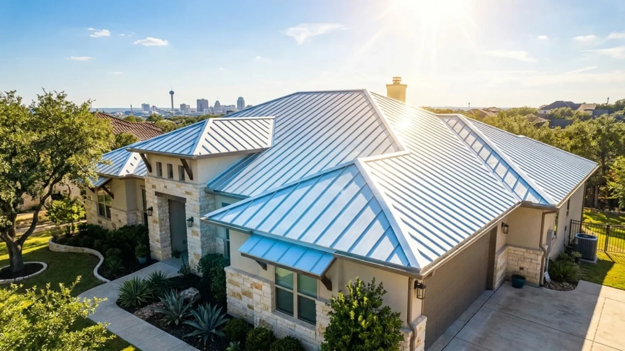 Reflective metal roof on San Antonio home reducing heat absorption