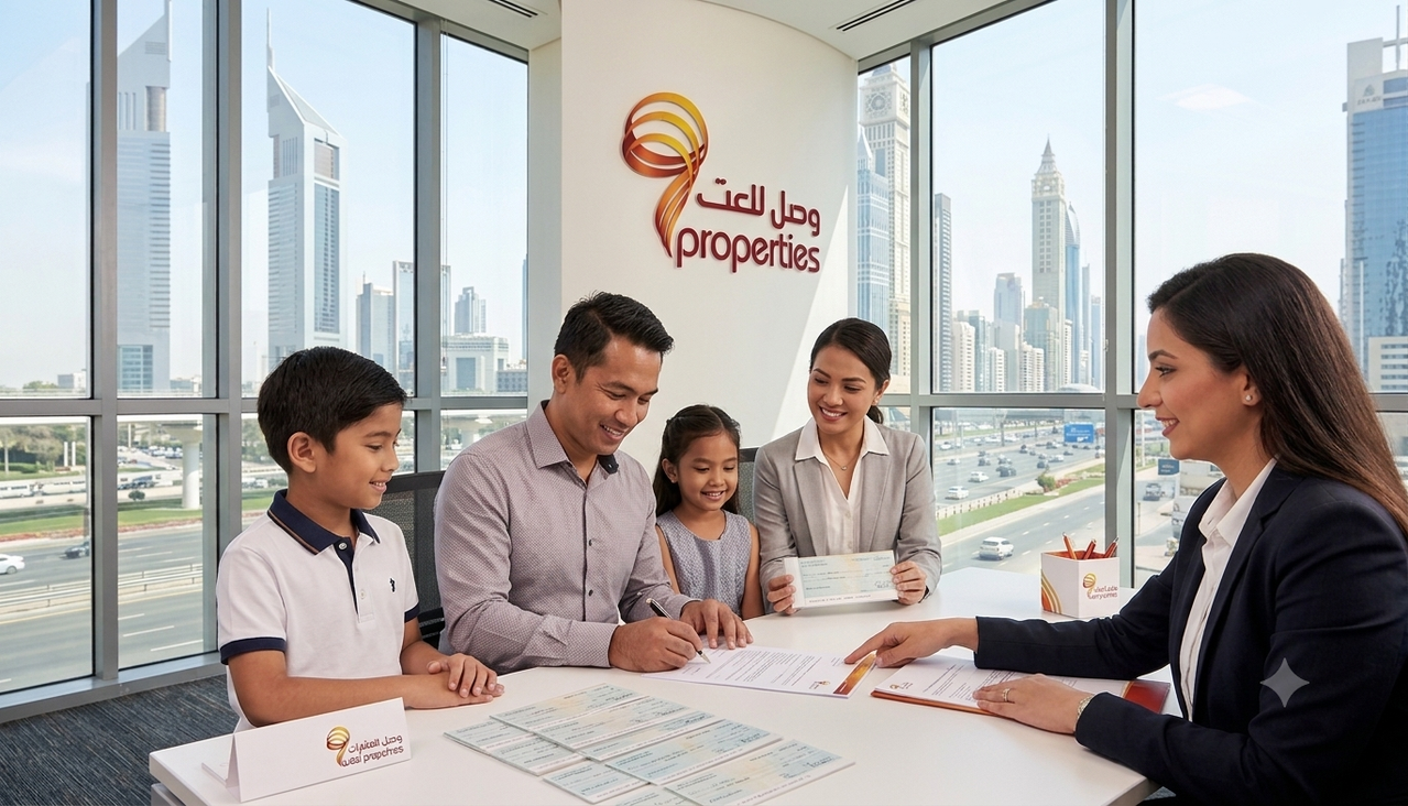 A family signing a tenancy contract at wasl properties with flexi rent