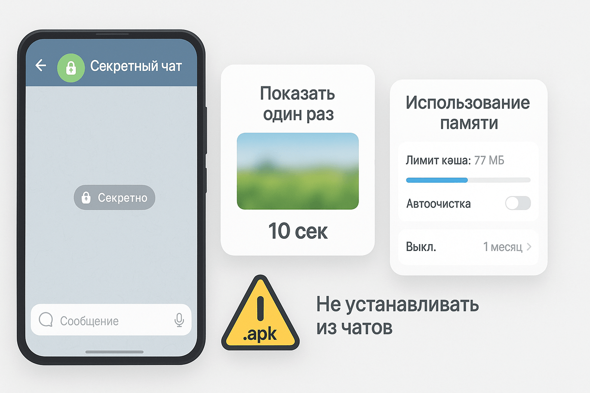Безопасная работа с чатами и файлами секретные чаты, самоуничтожение, управление кэшем