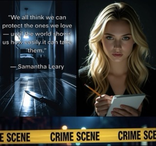 A young blonde woman, Samantha Leary, stands in the foreground, her expression calm but alert, with a subtle intensity in her eyes. She wears a stylish yet practical outfit suitable for investigation or pursuit. Behind her stretches a long, dimly lit hallway, shadows stretching across the walls in dramatic, cinematic lighting. On the floor, partially illuminated by a single overhead light, lies a gleaming knife, hinting at recent danger. The overall mood is tense and suspenseful, capturing the psychological thriller atmosphere — dark, moody, and charged with hidden threat.