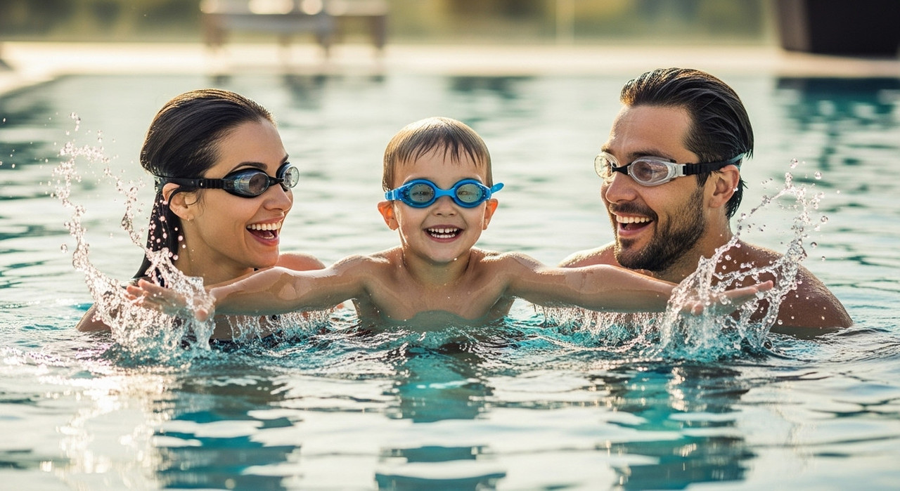 Семья в бассейне с качественными плавательными очками для здоровья глаз