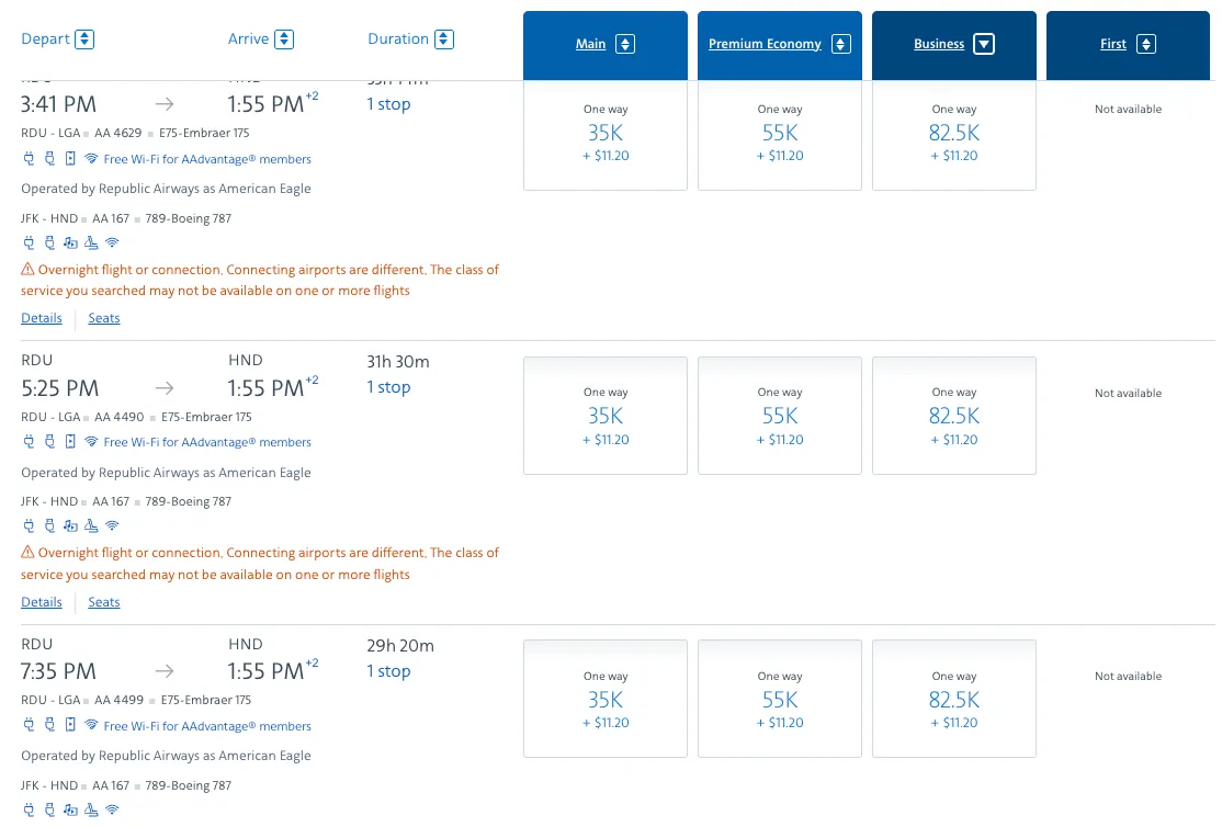 RDU to HND business class routing detail