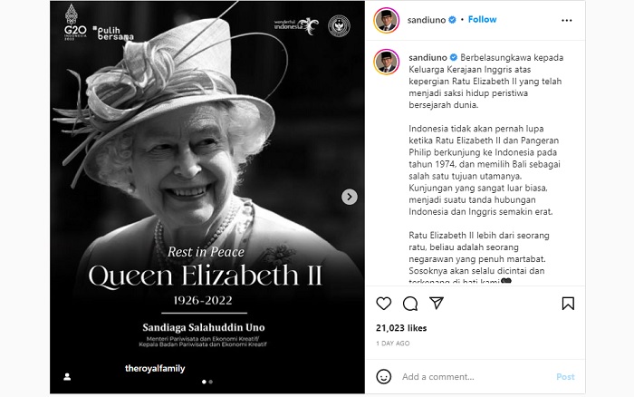 Menparekraf Sandiaga Uno mengucapkan belasungkawa atas meninggalnya Ratu Elizabeth II.