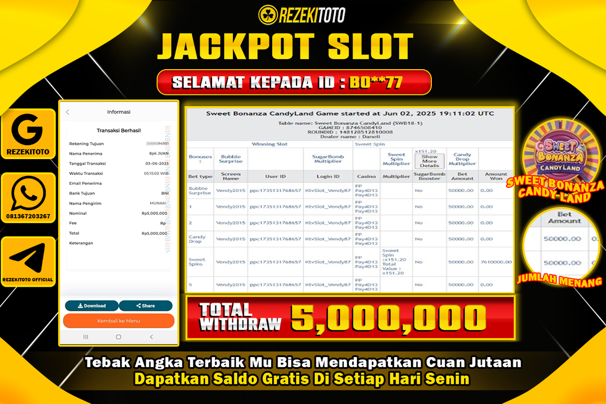 BUKTI KEMENANGAN 02 JUNI 2025 WD SWEET BONANZA CANDY LAND 5 JUTA 