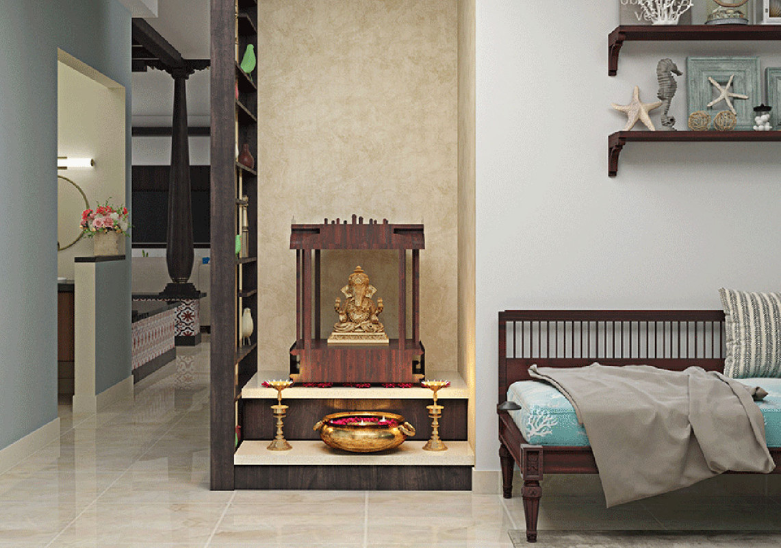 Luxurious marble pooja mandir with golden bells and spiritual aura