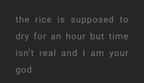 The rice is supposed to dry for an hour but time isn’t real and I am your god