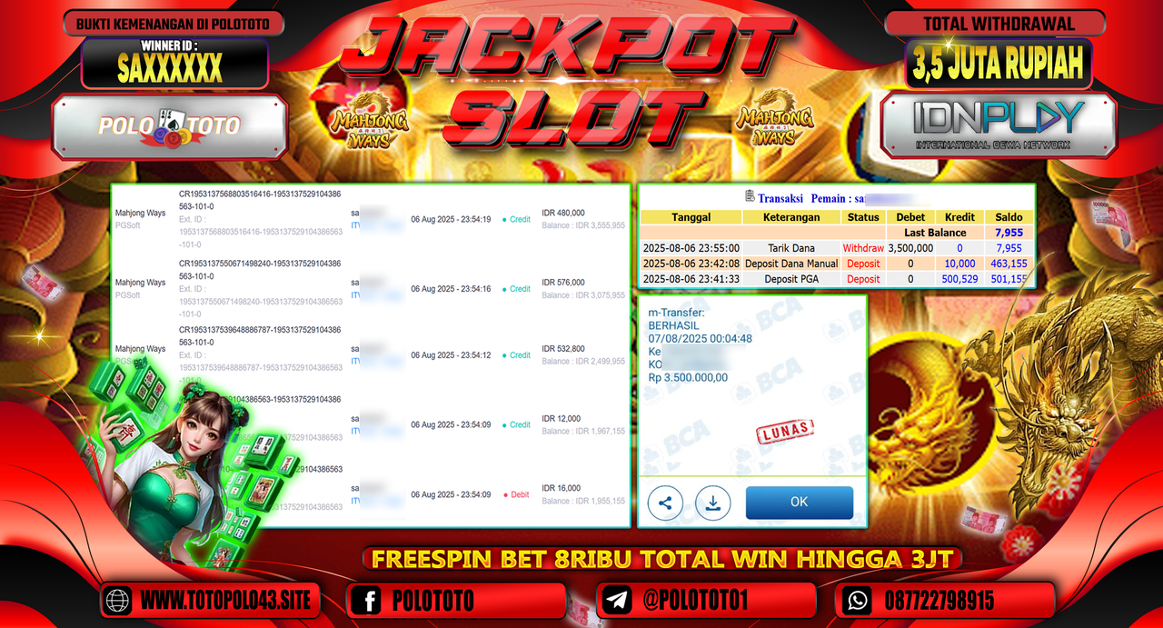 POLOTOTO JACKPOT SLOT MAHJONG WAYS Rp.3.500.000,-LUNAS