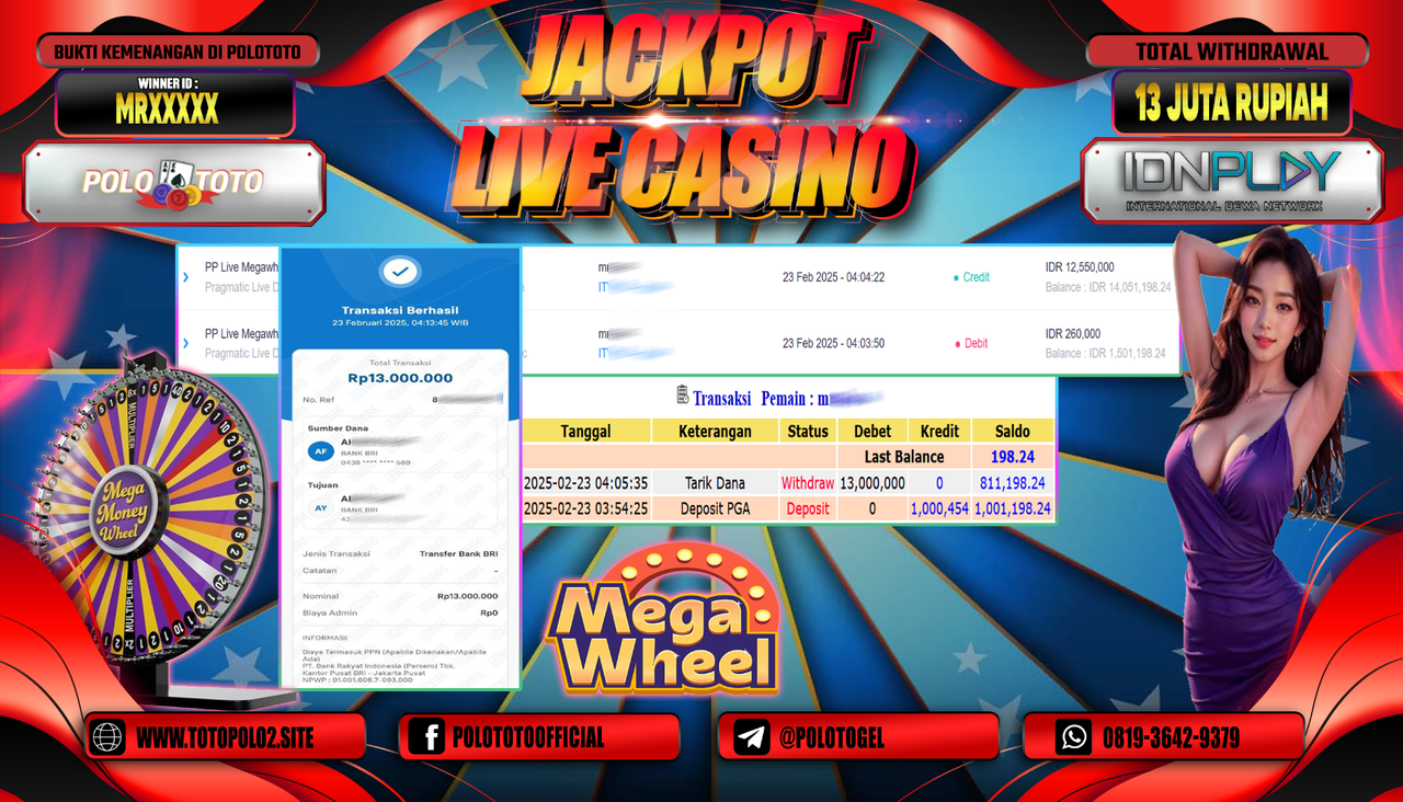 POLOTOTO JACKPOT LIVE CASINO PP LIVE MEGA WHEEL Rp.13.000.000,-