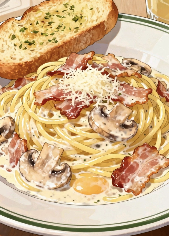 Spaghetti carbonara with a piece of garlic bread