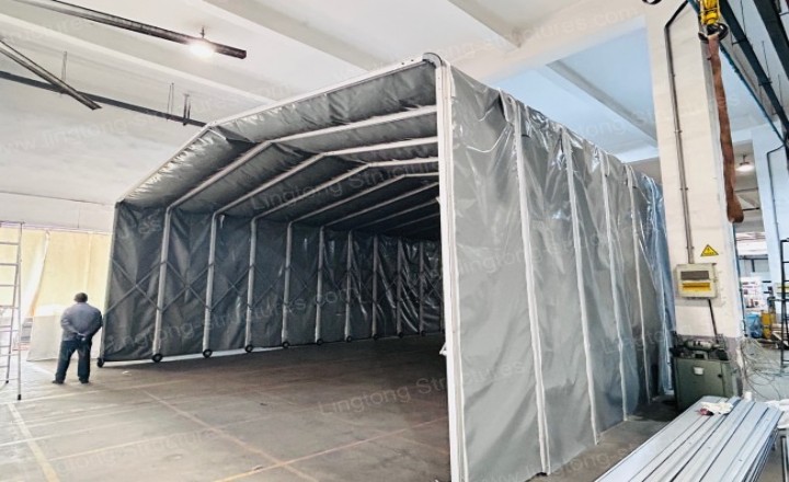 Retractable tent used as factory temporary storage area