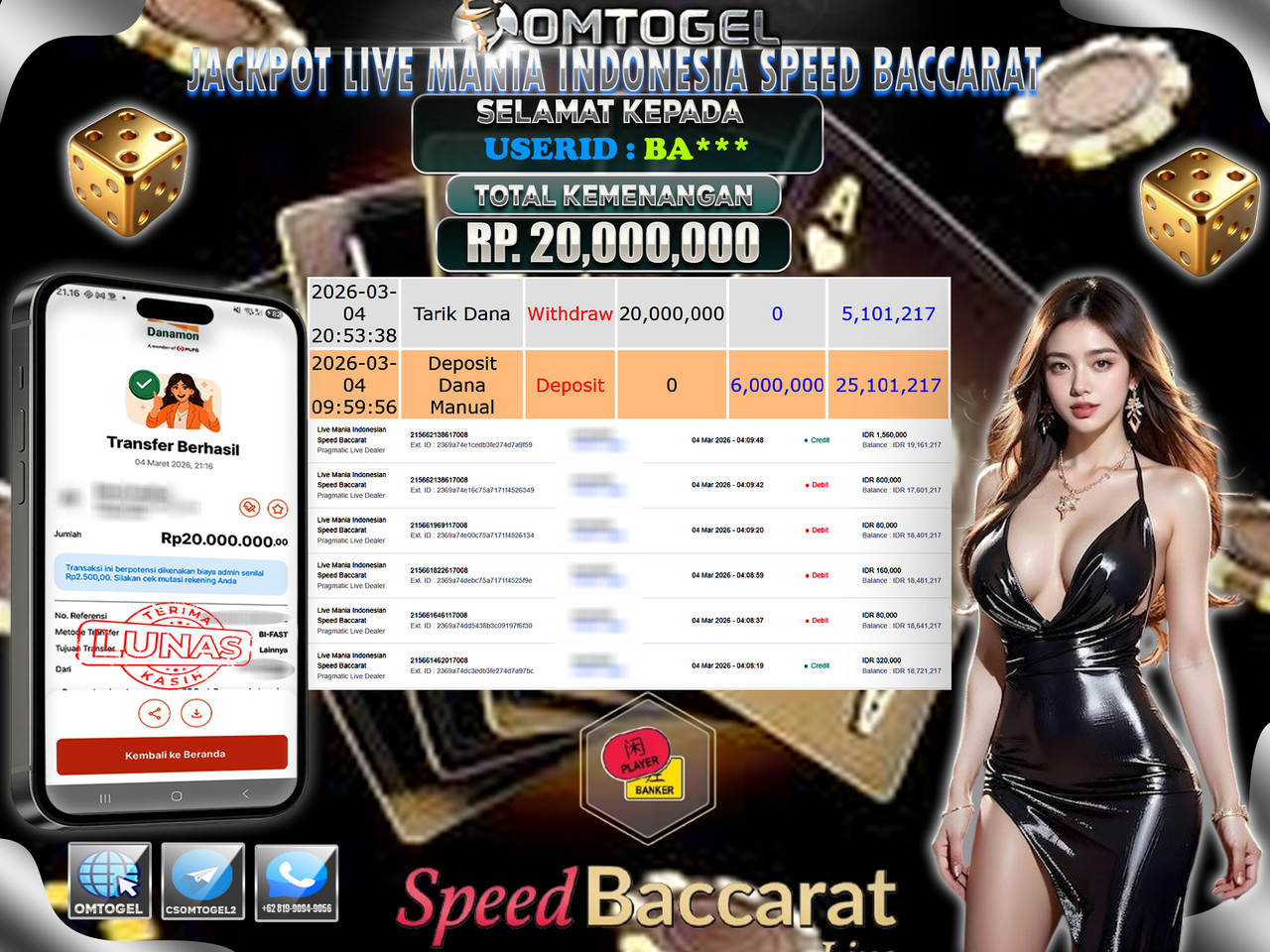 OMTOGEL JACKPOT PRAGMATIC CASINO LIVE MANIA INDONESIAN SPEED BACCARAT, 20 JUTA DI BAYAR LUNAS ,-