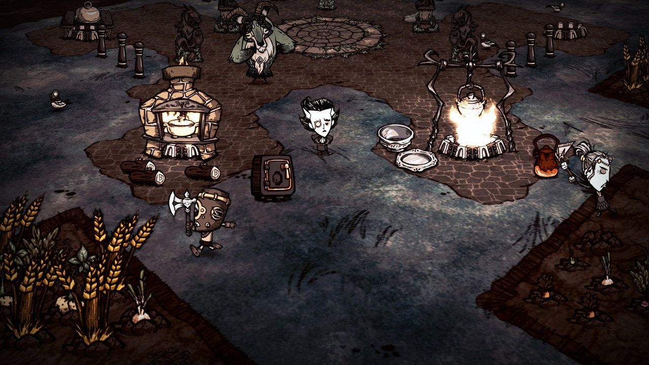 Персонажи исследуют пещеру в Don't Starve Together