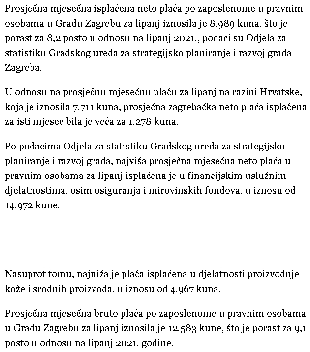 Prosječna neto plaća u jianju: Zagreb - 1,194 € ; Hrvatska - 1,024 € 1613