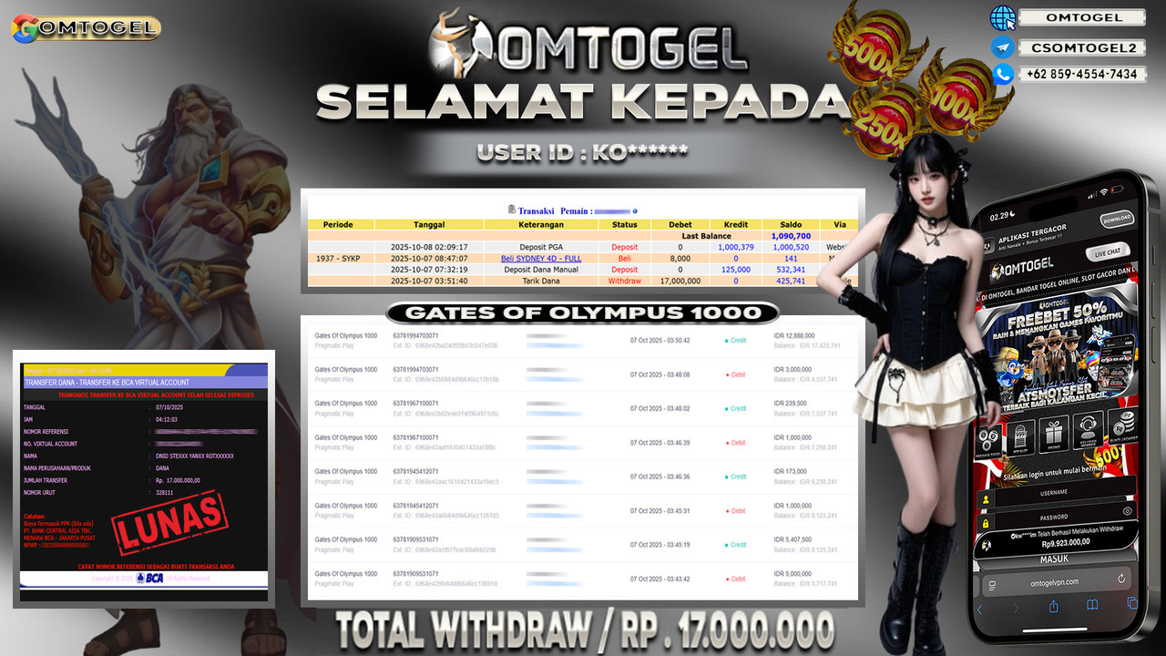 OMTOGEL JACKPOT PRAGMATIC PLAY GATES OF OLYMPUS 1000 17 JUTA DI BAYAR LUNAS ,-