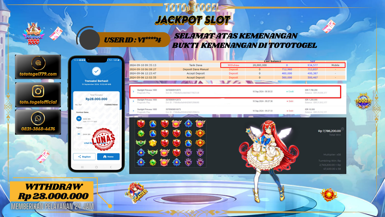 Bukti Kemenangan Permainan Slot Starlight Princess 1000 Dengan ID : VI****4 Terbayar Lunas!!