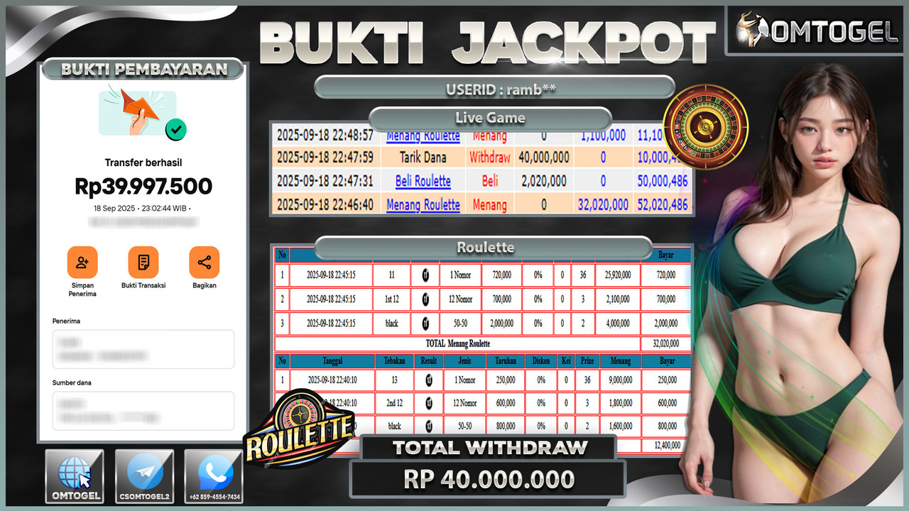 OMTOGEL JACKPOT LIVE GAMES ROULETTE 40 JUTA DI BAYAR LUNAS ,-