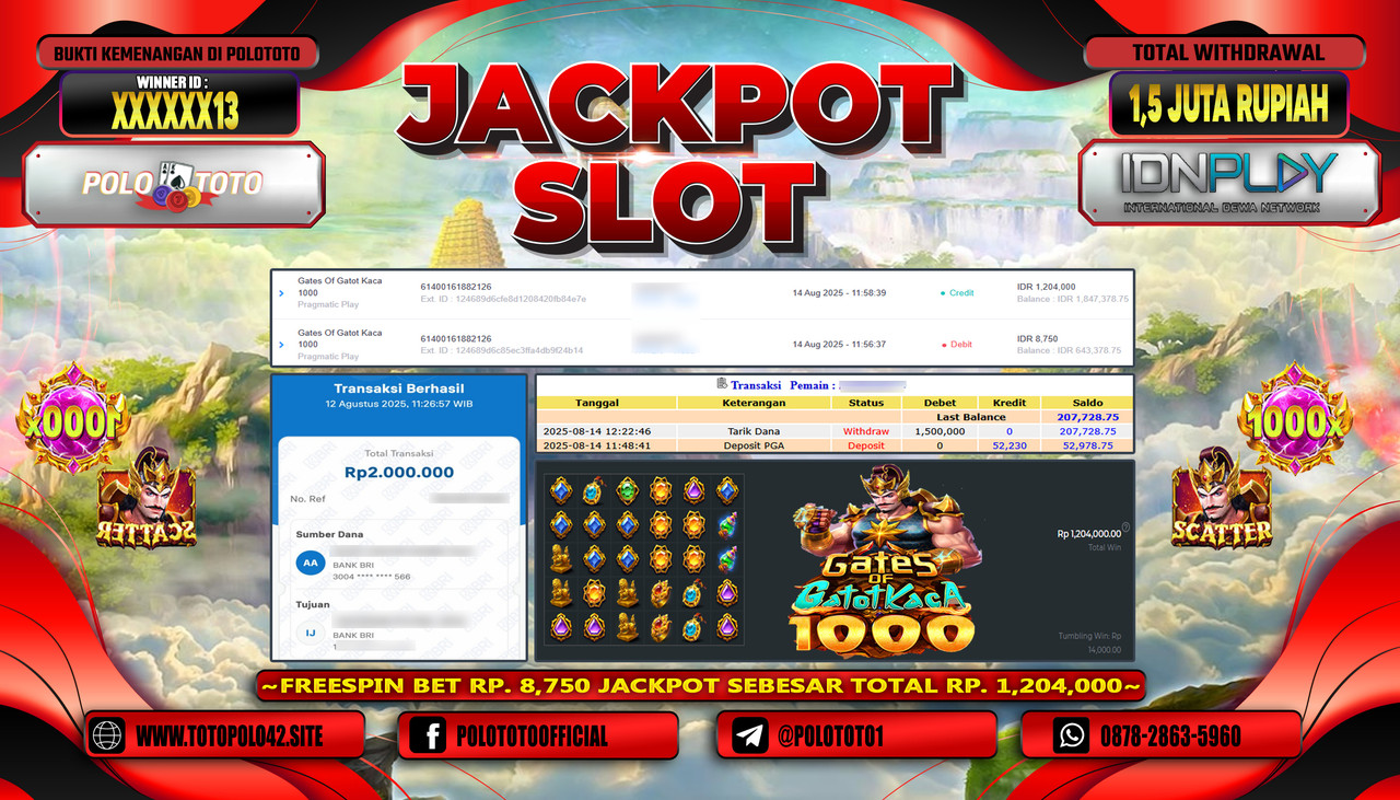 POLOTOTO JACKPOT SLOT GATES OF GATOT KACA 1000 Rp.1.500.000,-LUNAS