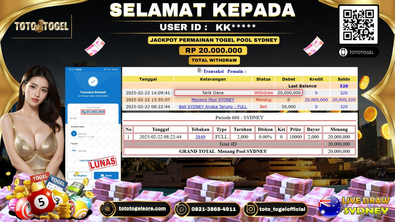 Bukti Pembayaran Jackpot  Permainan Togel Pools Sydney  ID:KK***** LUNAS