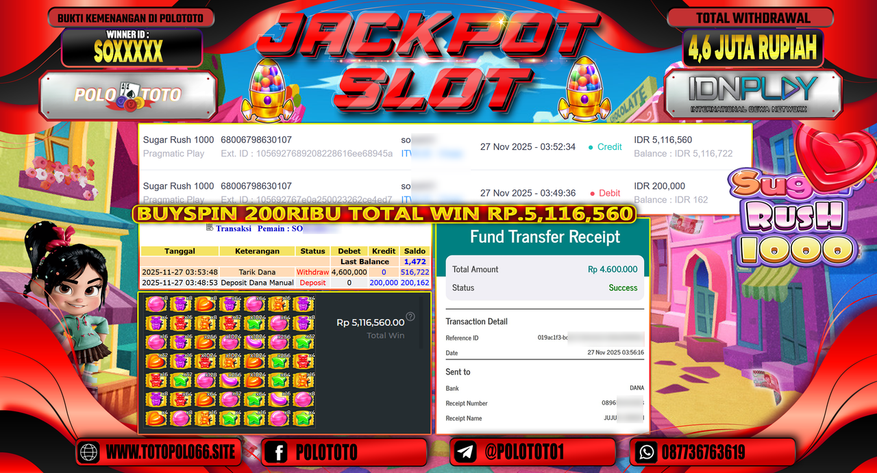 POLOTOTO JACKPOT SLOT SUGAR RUSH 1000 Rp.4.600.000,- LUNAS