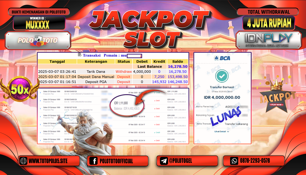 POLOTOTO JACKPOT SLOT GATES OF OLYMPUS 1000 Rp.4.000.000,-