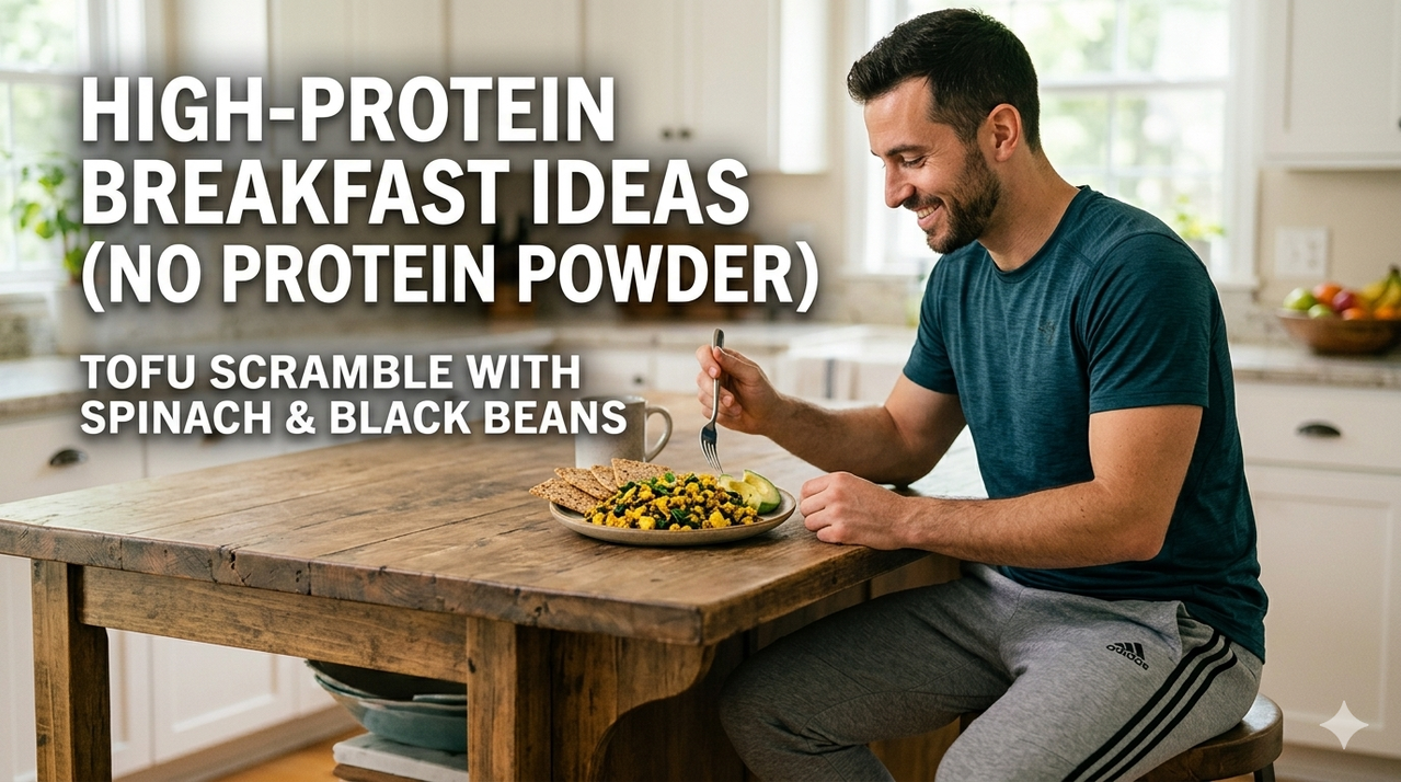 Tofu scramble with spinach and black beans on plate for best high-protein breakfast ideas without protein powder