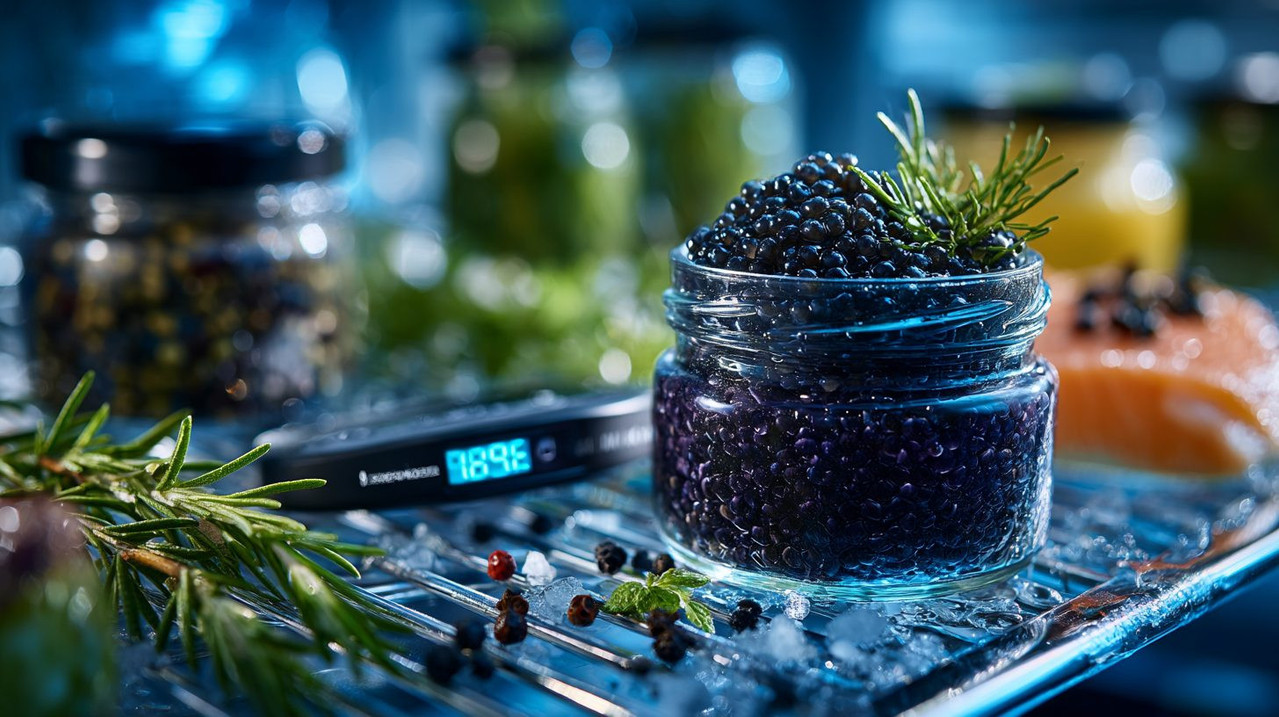 Банка черной икры в холодильнике с термометром