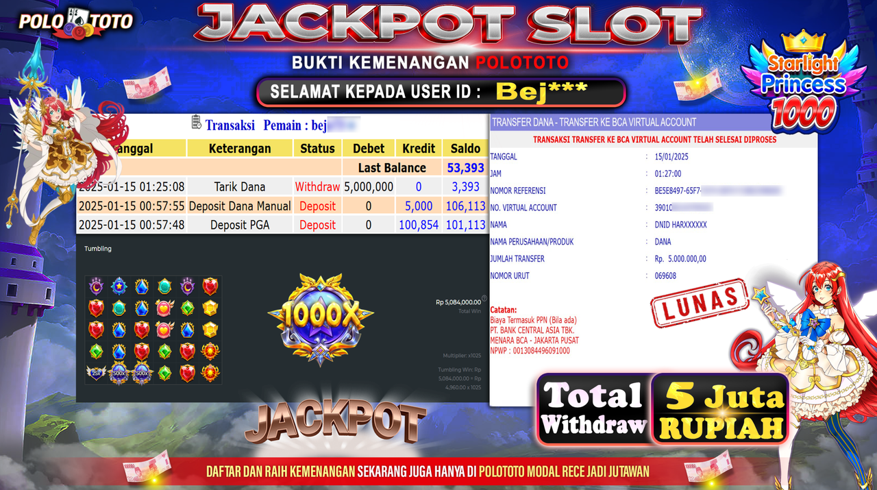 POLOTOTO JACKPOT SLOT STARLIGHT PRINCESS 1000 Rp.5,000.000,-