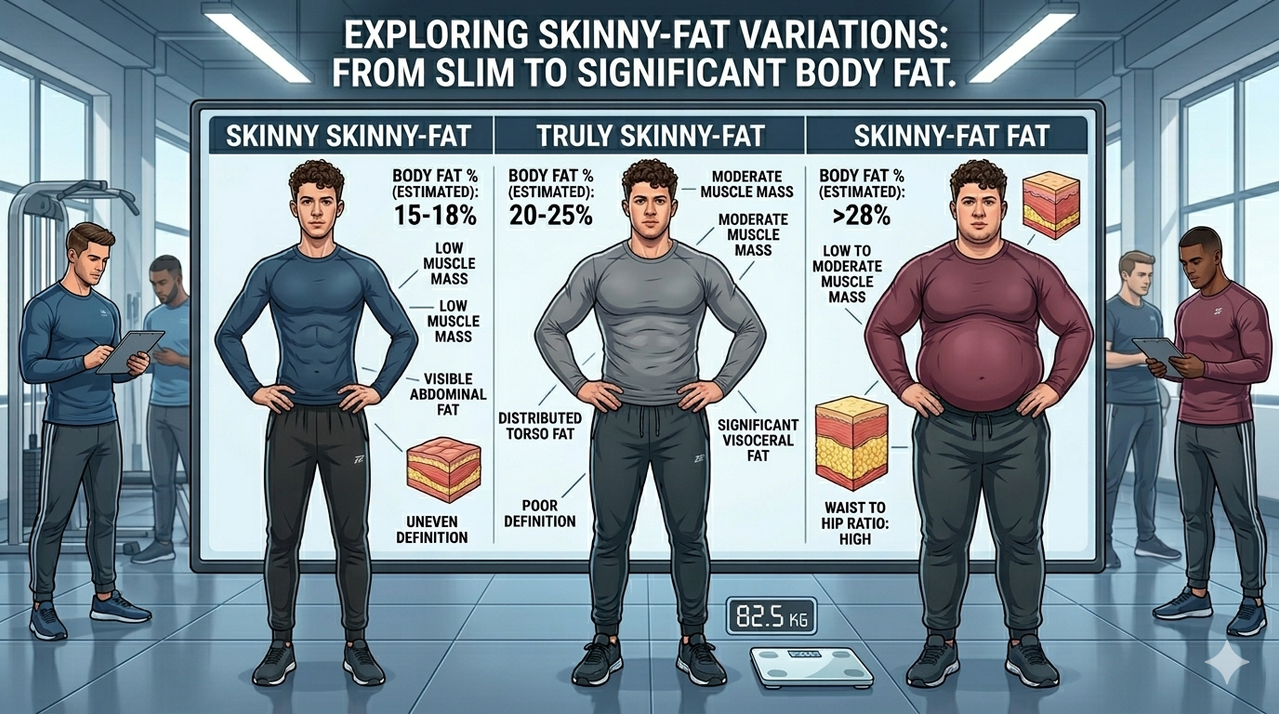 Three body type illustrations showing skinny-fat variations: skinny skinny-fat, truly skinny-fat, and skinny-fat fat with body fat percentages and descriptions