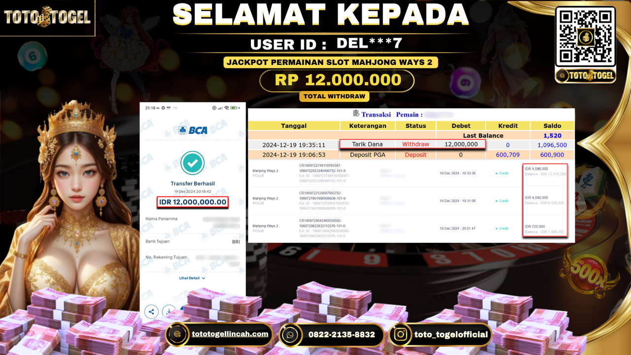 Bukti Pembayaran Jackpot Permainan Slot Mahjong Ways 2 ID: DEL***7 LUNAS