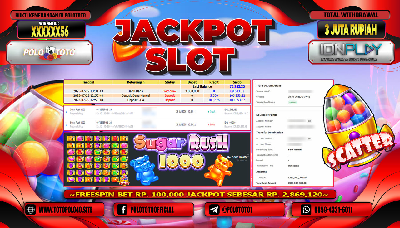 POLOTOTO JACKPOT SLOT SUGAR RUSH Rp.3.000.000,- LUNAS