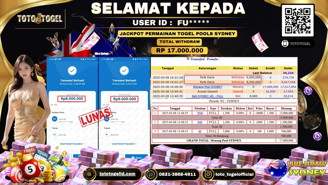 Bukti Pembayaran Jackpot  Permainan Togel Pools Sydney  ID:FU***** LUNAS