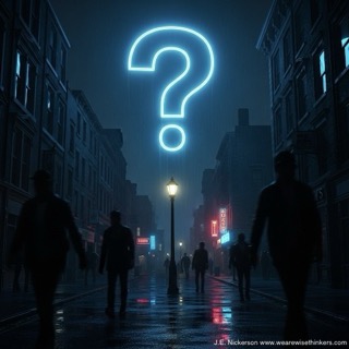 A large question mark overlays a dimly lit town street with people walking, symbolizing mystery, suspense, and unanswered questions in storytelling.