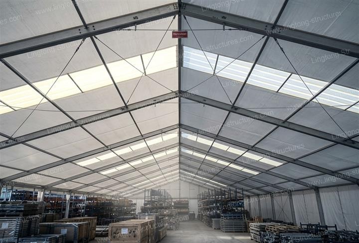 Port container staging tent for export goods waiting at harbor