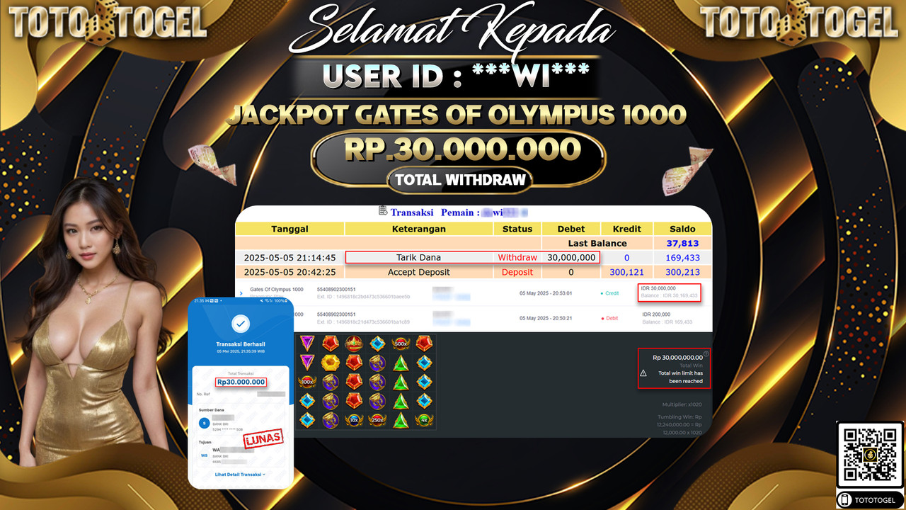 Bukti Pembayaran Jackpot  Permainan Slot Gates Of Olympus 1000 ID:***WI*** LUNAS