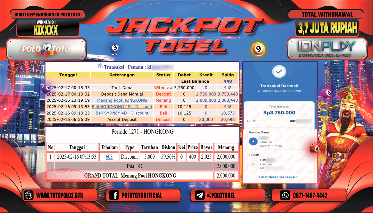 POLOTOTO JACKPOT TOGEL PASARAN HONGKONG Rp.3.750.000,-