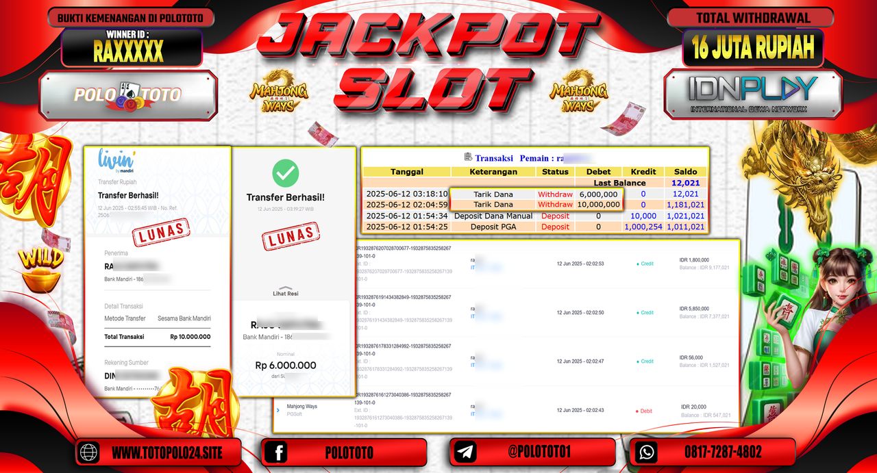 POLOTOTO JACKPOT SLOT MAHJONG WAYS Rp.16.000.000,-