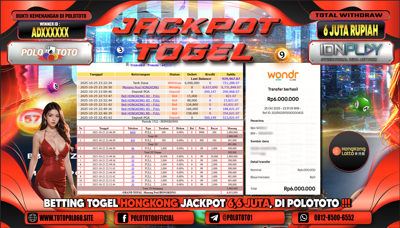 POLOTOTO JACKPOT TOGEL MENANG HONGKONG LOTTO Rp.6.000.000,- LUNAS