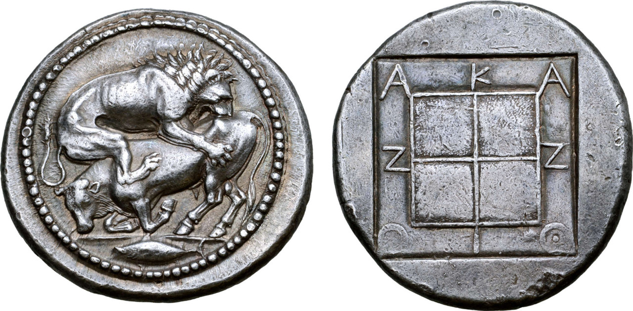 Tetradracma ático. Akanthos (Acanto, Actual Ierissos. Grecia). Año: 470-430 a.C. 9003-104-1-1
