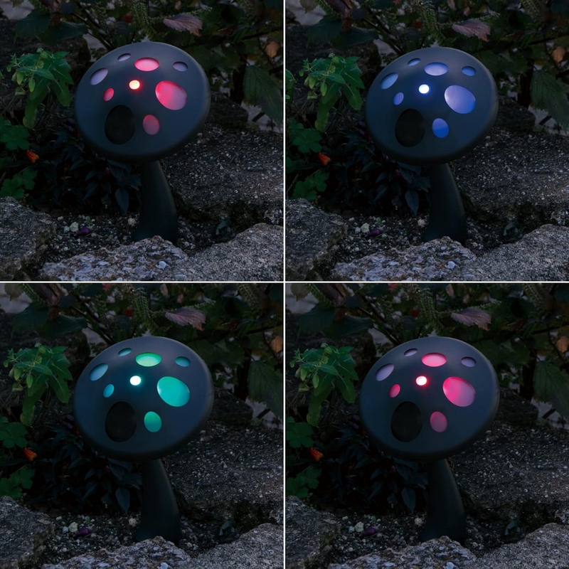 lampa solara ciuperca, lampa solara gradina, lumina LED multicolora, decor solar exterior, lampa LED forma ciuperca, lampa decorativa cu tarus, lampa solara rotativa, lumina ambientala solara, lampa ecologica pentru gradina, iluminat solar decorativ, lampa solara Ø18x27cm, baterie reincarcabila inclusa, fixare tarus plastic, lampa colorata LED solar, lumina solara multicolora gradina, decor exterior cu lampa ciuperca