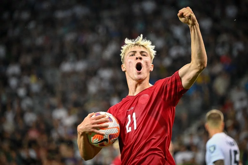 Rasmus Hjolund playing with Denmark