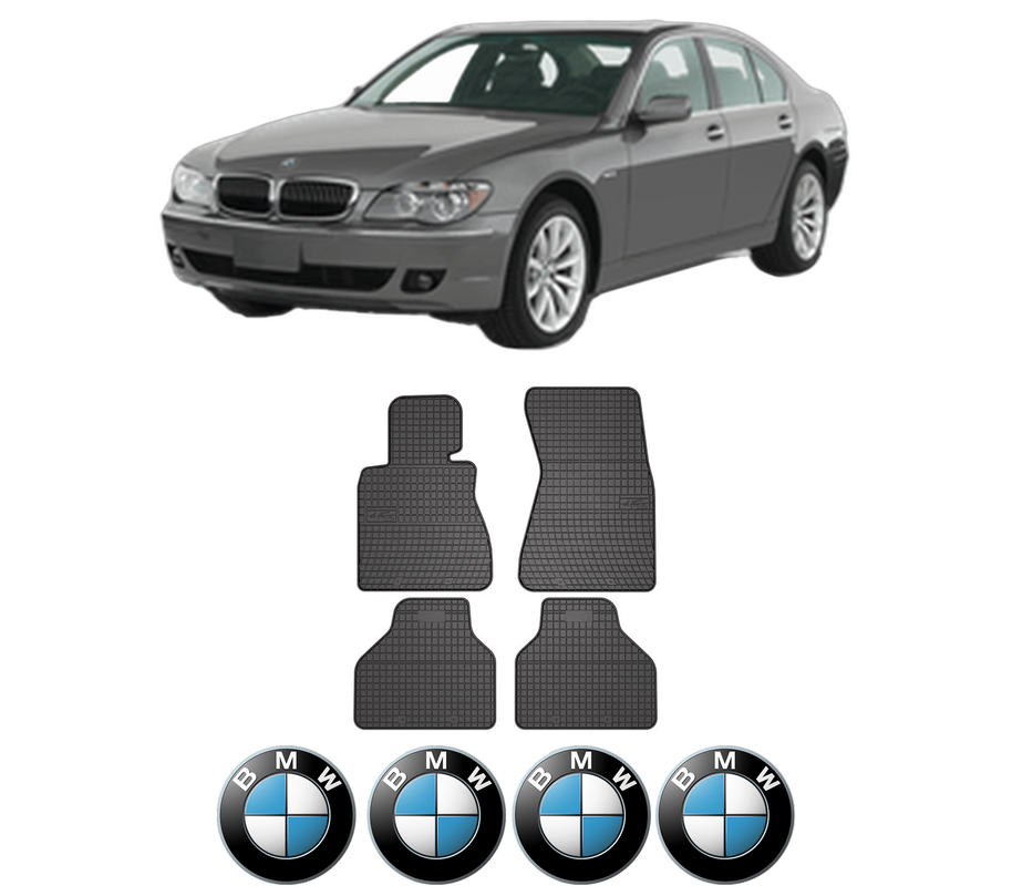 Set covorase presuri BMW Seria 7 (E65, E66, E67) din 2001-2009, auto, din cauciuc thermoplastic, 4 Stickere auto cu BMW Seria