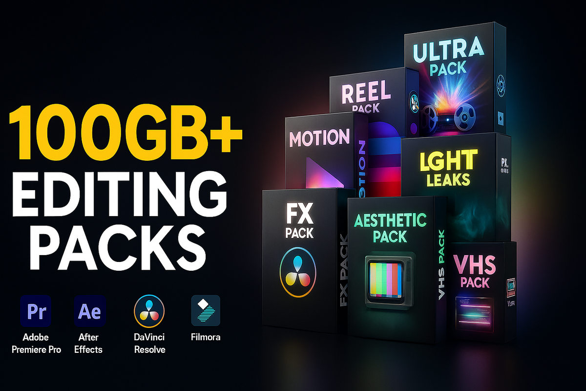 100GB Editing Pack with LUTs, transitions, overlays, and sound effects